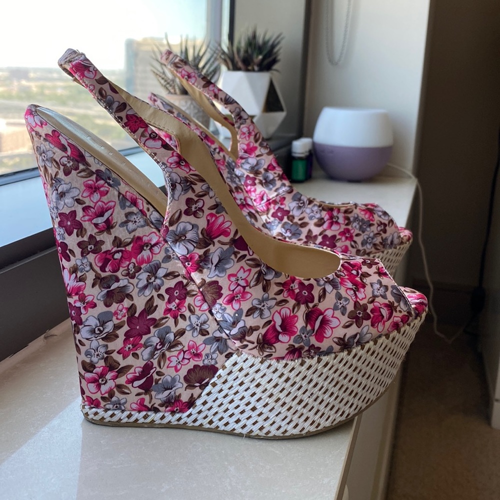 Satin look floral sling back wedges with peep toe